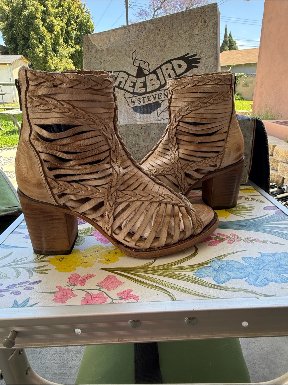 Freebird by Steven Woven Leather Cutout Ankle Boots in Tan